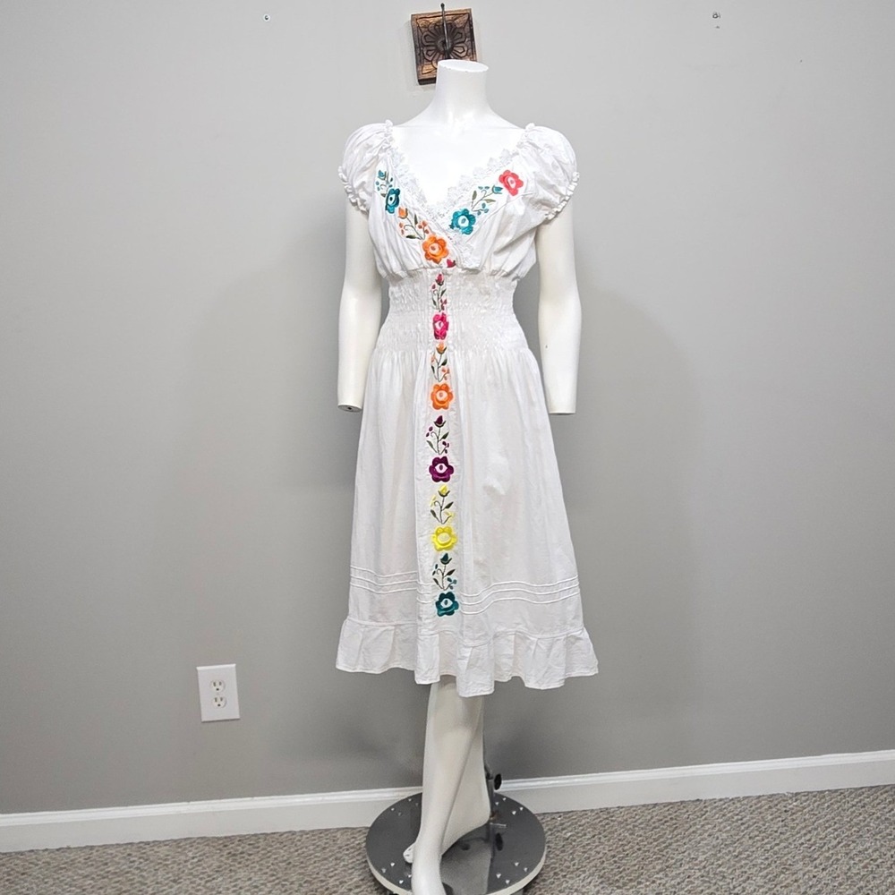 Mexican Embroidered Peasant Midi Dress L XL White Floral Boho Romantic Cottage